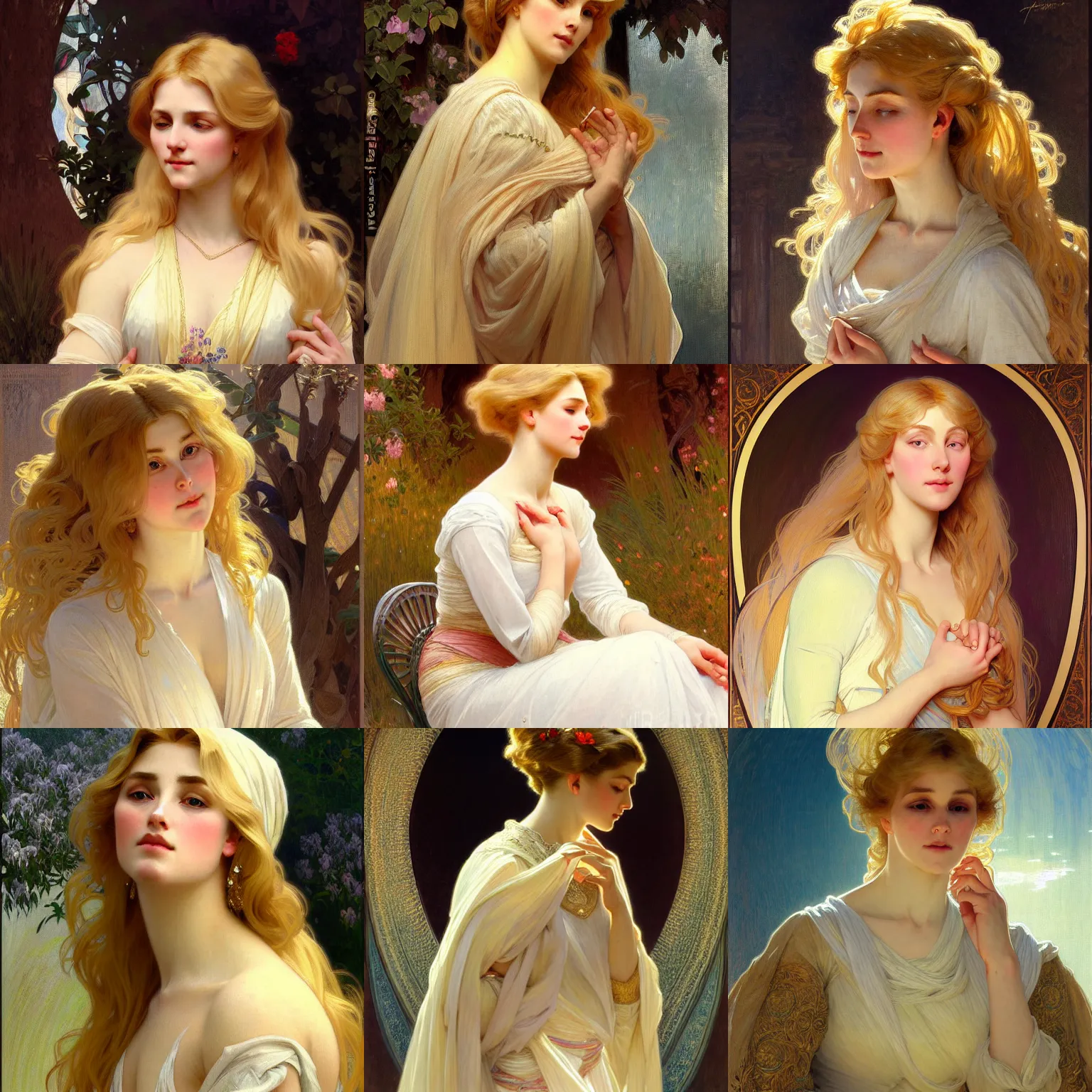 Prompt: painted portrait of a modest wife blessed by god with ever - increasing intelligence beauty and virtue. blonde, modest voluminous holy body, light effect. feminine, powerful, in clothes! intricate, elegant, highly detailed, digital painting, artstation, concept art, smooth, sharp focus, illustration, art by gaston bussiere and alphonse mucha