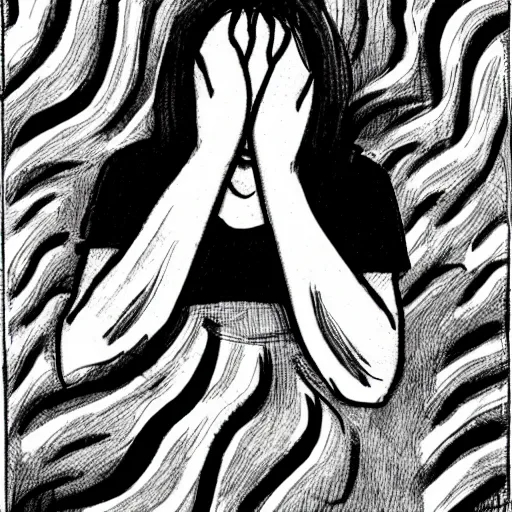 Prompt: a depressed 1 7 years old girl, coming out of the vent, in the style of junji ito