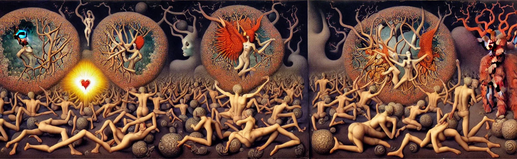 Image similar to mythical war between inner and outer forces in the visceral anatomical human heart imaginal realm of the collective unconscious, in a dark surreal mixed media oil painting by johfra, mc escher and ronny khalil, dramatic lighting from inner fire, 3 0 s cartoons by haeckel