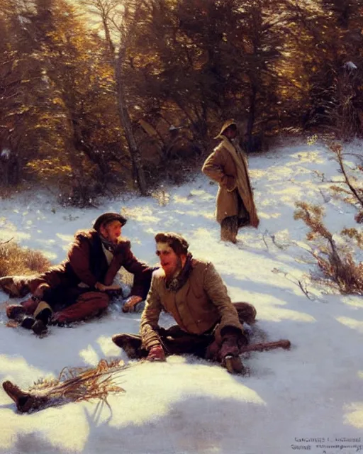 Prompt: handsome men reminisce about the end of winter in a meadow, new grass just begins to poke out of the snow, warm colors, hard angles, painting by gaston bussiere, craig mullins, j. c. leyendecker