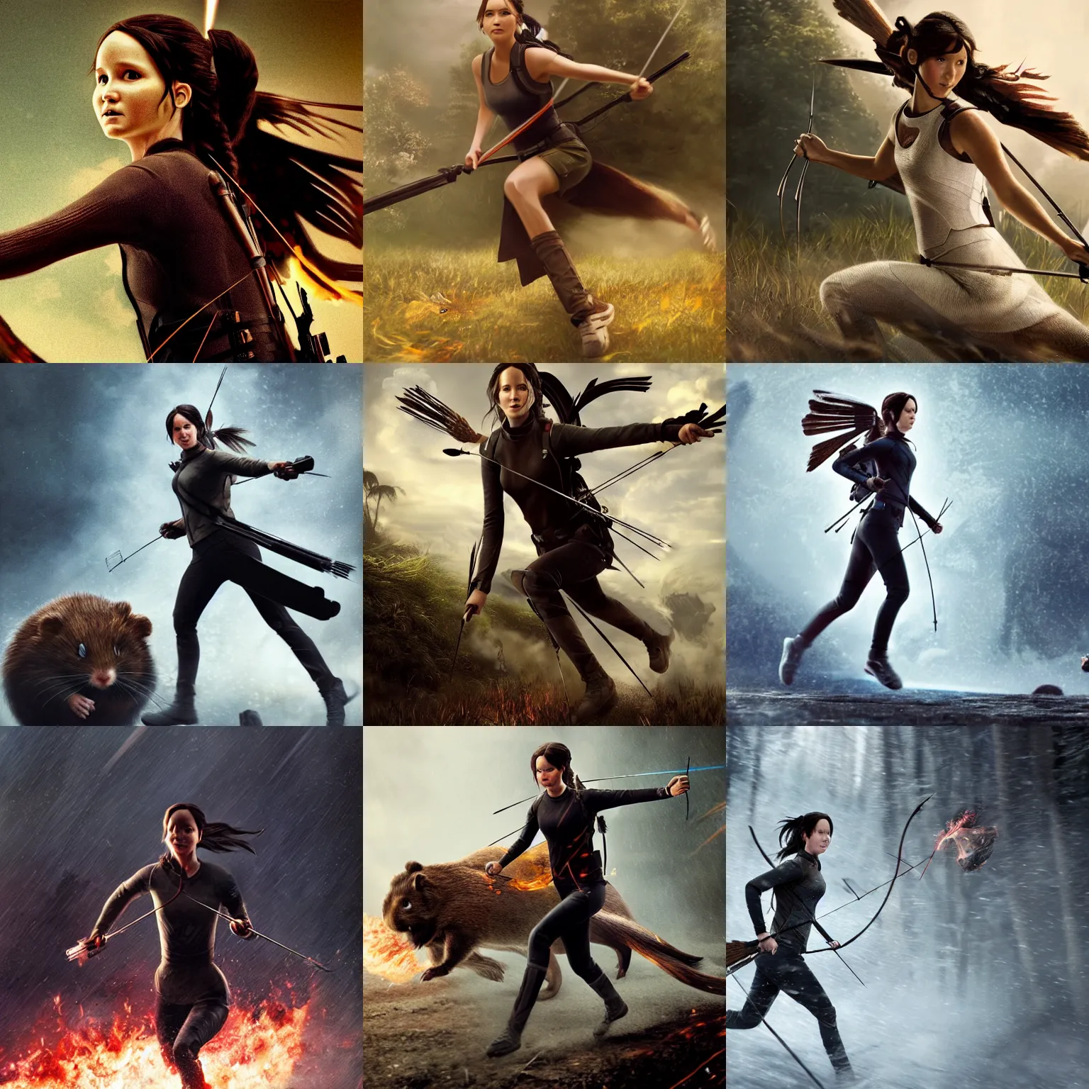 Prompt: katniss everdeen running toward the camera, chased by a giant hamster in the background, digital art by greg rutkowski, but as macro photography