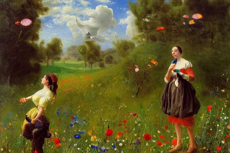 Prompt: highly detailed oil painting of a female bird watcher in a meadow with flowers and birds, colorful, very realistic, albert bierstadt, joan miro, dramatic light,