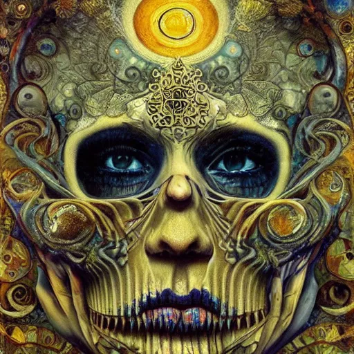 Image similar to Memento Mori by Karol Bak, Jean Deville, Gustav Klimt, and Vincent Van Gogh, beautiful visionary mystical portrait, otherworldly, fractal structures, ornate gilded medieval icon, third eye, spirals, sugar skull