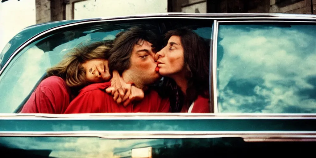 Image similar to 1 9 7 0 s car window closeup, young man and woman kissing in the back seat closeup, coloured film photography, view from below, elliott erwitt photography