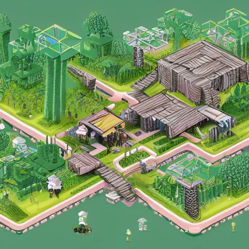 Image similar to Isometric view of a society living on multiple tree houses connected by bridges, intricate, illustration, hyper detailed, detailed