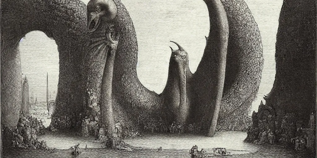 Image similar to gargantuan goose guarding the gates of hell, art by gustave dore, hieronimus bosch