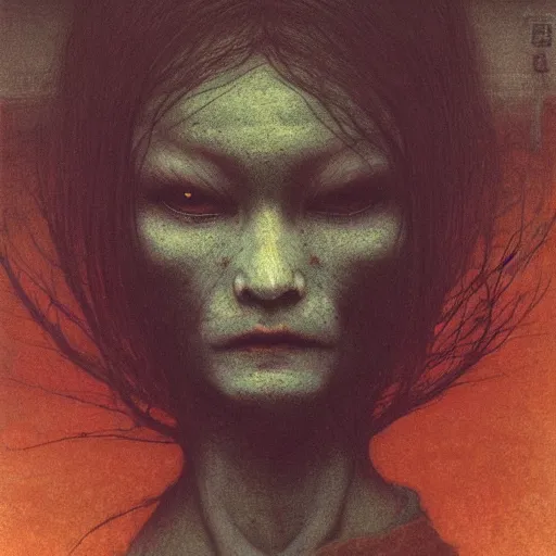 Image similar to ( ( ( ( ( by beksinski ) ) ) ) ), by zawadzki, by waterhouse, picture portrait of a modern yokai, haunting, photorealism, octane render, highly detailed, 8 k,