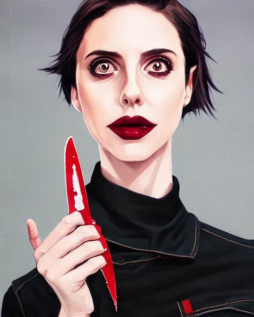 Image similar to loish, artgerm, Joshua Middleton art, Rafeal Albuquerque, pretty Alison Brie serial killer holding bloody knife in right hand realistic hand, blood on clothes and face, sarcastic smile, symmetrical eyes, symmetrical face, jean jacket, jeans, short blonde hair, middle shot, night time, deep blacks