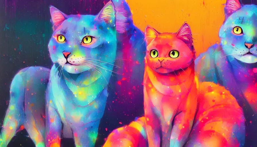 Image similar to contemporary semi abstract acrylic painting of really tall sitting cats by makoto shinkai, by greg rutkowski, by lisa frank, thick brush strokes and visible paint layers, multicolor color scheme