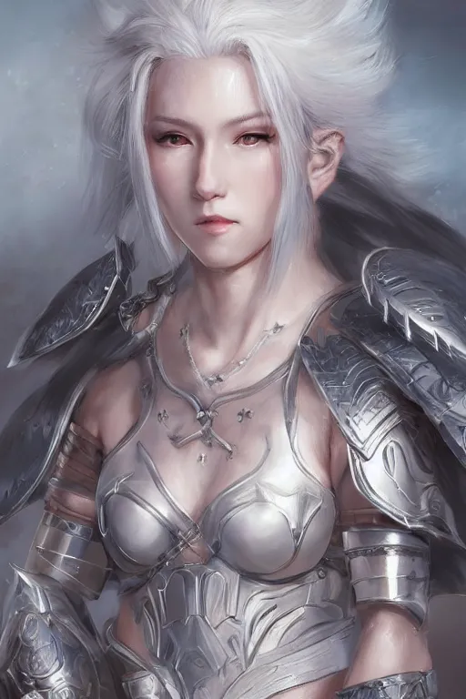 Image similar to A realistic anime portrait of a white haired female barbarian wearing an intricate armor, digital painting, by Stanley Artgerm Lau, Sakimichan, WLOP and Rossdraws, digtial painting, trending on ArtStation, SFW version