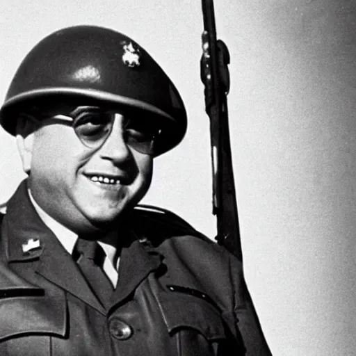 Prompt: Danny DeVito as an soldier during WW2, grainy monochrome photo