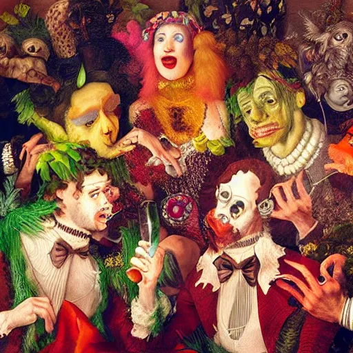 Image similar to young people in a fancy nightclub dancing and drinking, partylights, great colors, in the style of giuseppe arcimboldo, trending on artstation