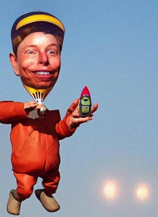 Prompt: big headed child elon mask on mars holding a small toy rocket