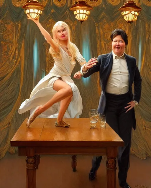 Prompt: Portrait of a  blonde lady and Michael mcintyre dancing on a table at Archer Street Soho,real life skin, intricate, elegant, highly detailed, artstation, concept art, smooth, sharp focus, art by artgerm and greg rutkowski and alphonse mucha