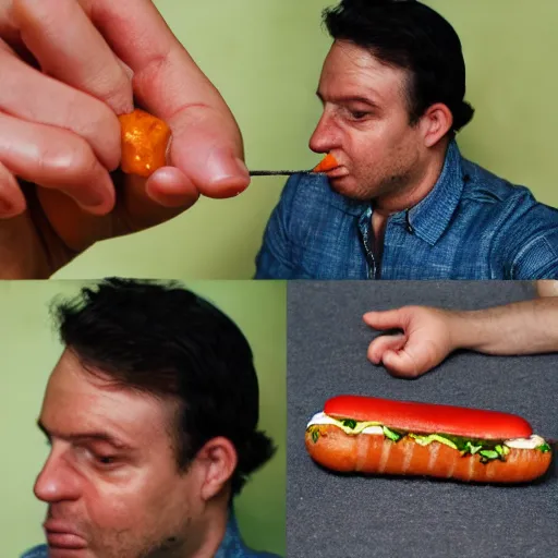 Prompt: man sad that he has the worlds smallest hotdog, award winning photography
