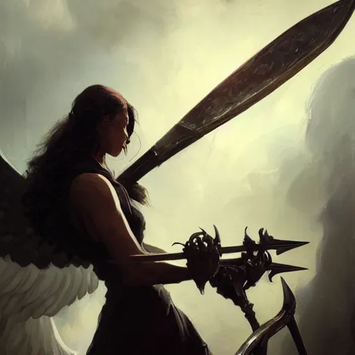 Prompt: a portrait of a beautiful angel of death holding a large scythe by marco bucci and greg rutkowski and frank frazetta, sharp focus, detailed, cinematic, closeup