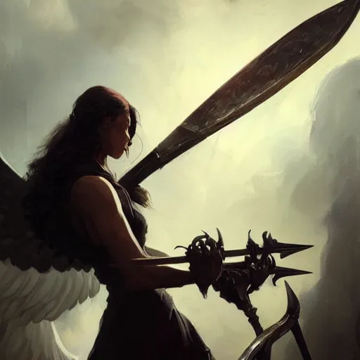 Image similar to a portrait of a beautiful angel of death holding a large scythe by marco bucci and greg rutkowski and frank frazetta, sharp focus, detailed, cinematic, closeup