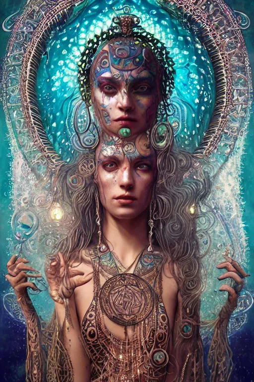 Prompt: a centered render of an mytical festival hippy with tribal tattoos wearing intricate metallic clothing surrounded by a underwater ink pour and flowing liquid gallium and sacred geometry, perfect body and face, gorgeous, cinematic, beautifully lit, by tom bagshaw, by karol bak, by donato giancola, 3 d, trending on artstation, octane render, 8 k