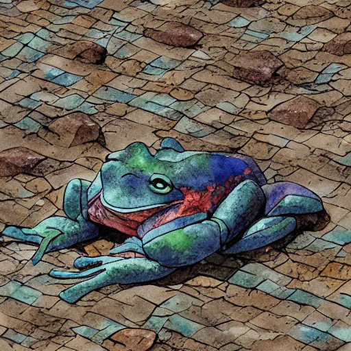 Image similar to samurai frog, low angle, tatsuyuki tanaka, detailed watercolor, back lit, paper texture, movie scene, spot light, texture, brown cobble stones, dust, overhead wires, telephone pole, dusty, dry, pencil marks, hd, 4k, remaster, dynamic camera angle, deep 3 point perspective, fish eye, dynamic scene