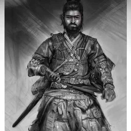 Image similar to Kurdish samurai, detailed charcoal sketch, realistic, incredibly detailed, award winning art, cinematic, extremely high detail, concept art, 4k fantasy art, trending on artstation