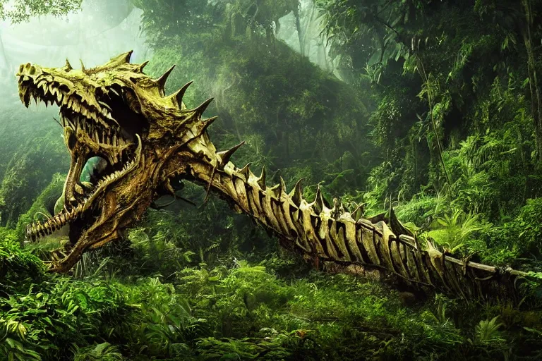 Prompt: a photo of a giant dragon skull skeleton overgrown by nature lying in a valley surrounded by a lush jungle, wide shot, sunny, extremely high detail, 8 k, volumetric lightning, unreal engine, photorealism, hyperrealism