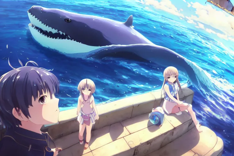 Prompt: a panorama distant view under the water, anime art full body portrait character concept art, hyper detailed cg rendering of a cute girl and whale, anime key visual of children of the sea, finely detailed perfect face, style of raphael lacoste, makoto shinkai, violet evergarden, studio ghibli, james jean, hayao miyazaki, extremely high quality artwork