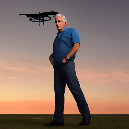 Image similar to aesthetic illustration of jeffrey epstein, wearing a dark blue polo shirt, standing by his global hawk surveillance drone on an empty runway at dusk, cinematic lighting, high detail, volumetric lights, pinterest wallpaper, trending on artstation