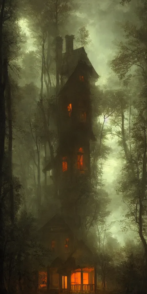 Image similar to an old house with red light on from the windows during the night in a forest, a men stand up in front of the house, mystical blue fog, oil on canvas, art by andreas achenbach, clemens ascher, tom bagshaw and sabbas apterus,