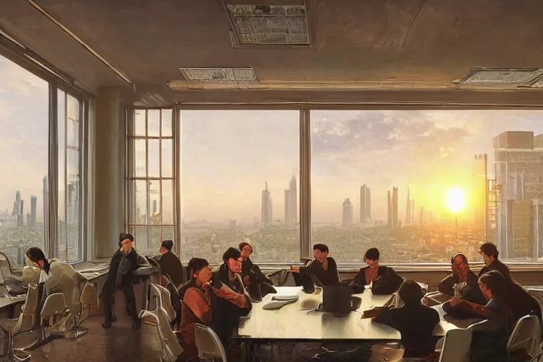 Image similar to employees as monkeys setting on glorious meeting room, papers scattered on the table, sunset, building and skyline showing from windows, fine art, artstation, matte painting, masterpiece by vasnetsov