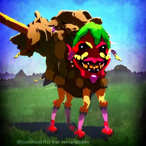 Prompt: A nightmare clown Minotaur, in the style of The Legend of Zelda: Breath of the Wild