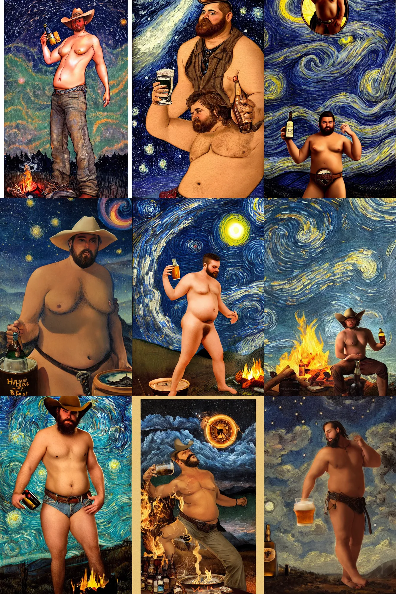 Prompt: a dramatic, epic, ethereal painting of a handsome thicc shirtless cowboy with a beer belly wearing a large belt behind a campfire | background is a dark starry night | foreground has food and jugs of whisky | homoerotic | tarot card, art deco, art nouveau | by Mark Maggiori | trending on artstation