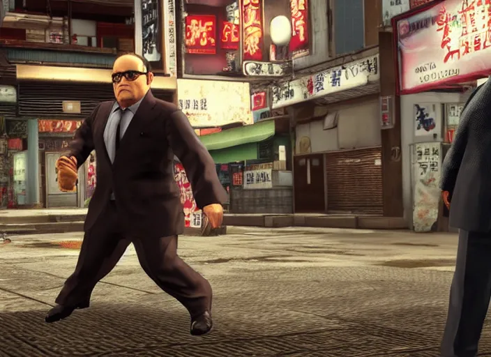 Prompt: video game still of danny devito in the video game yakuza zero,