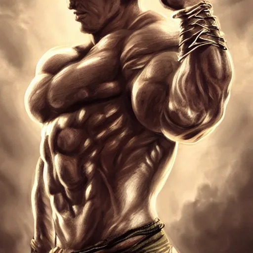 Image similar to handsome portrait of a spartan guy bodybuilder posing, intricate details, trending on artstation, sharp focus, caustics, radiant light, translucence, style of vento aureo cover art, style of stone ocean cover art, style of steel ball run cover art, ilya kuvishinov style, illustrated by hirohhiko araki