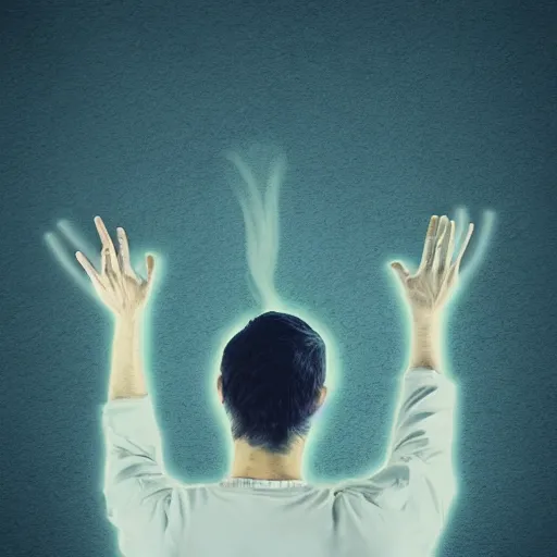 Image similar to Simple digital art of man thinking with hands on head, dissolving into the air, philosopher.