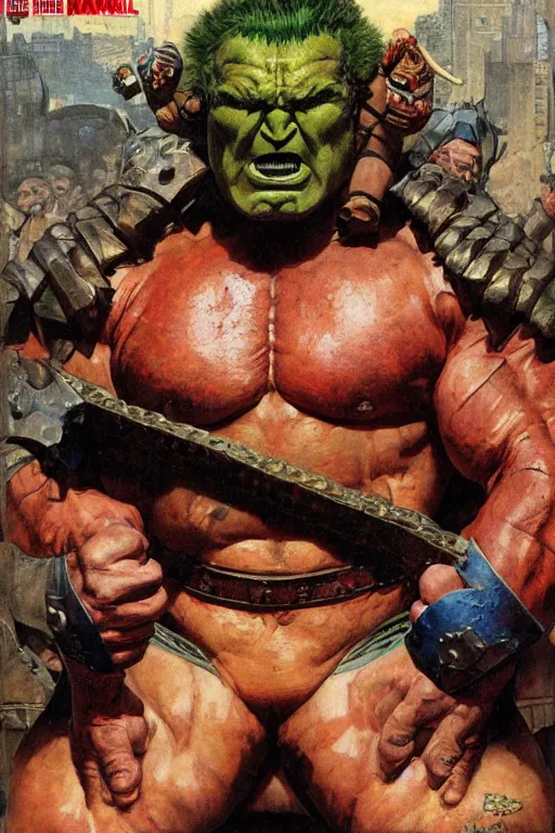 Prompt: upper body and head portrait of hulking brock lesnar as marvel demon wearing cape and armour, norman rockwell, tom lovell, alex malveda, jack kirby, lawrence alma tadema, greg staples, jeremy mann