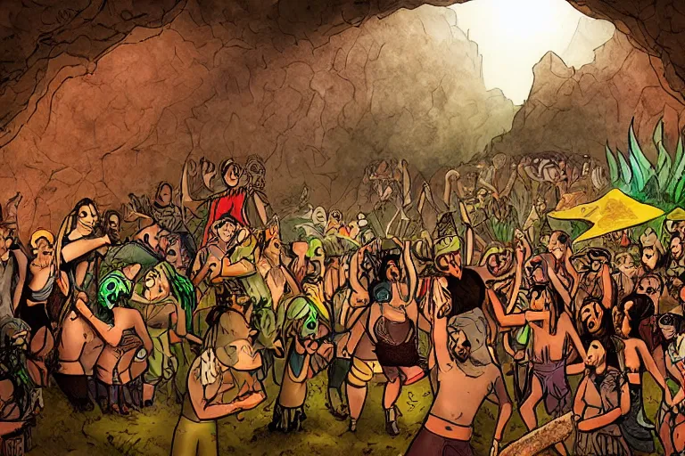 Prompt: Stone Age rave in a cave, illustrated by Steven Spazuk