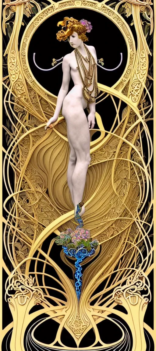 Prompt: the source of future growth dramatic, elaborate emotive Art Nouveau styles to emphasise beauty as a transcendental, seamless pattern, symmetrical, large motifs, hyper realistic, 8k image, 3D, supersharp, Art nouveau 3D curves and swirls, Glass and Gold pipes, photorealistic colorful flower bouquets silk ribbons and gold chains, iridescent and black and shiny gold colors ,William-Alolphe Bouguereau, perfect symmetry, iridescent, High Definition, sci-fi, Octane render in Maya and Houdini, light, shadows, reflections, photorealistic, masterpiece, smooth gradients, no blur, sharp focus, photorealistic, insanely detailed and intricate, cinematic lighting, Octane render, epic scene, 8K