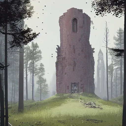 Prompt: monumental old ruins, church, tower of a dark misty forest, overcast, sci - fi digital painting by simon stalenhag