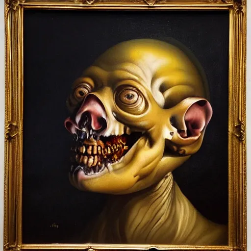 Image similar to refined gorgeous blended oil painting with black background by christian rex van minnen rachel ruysch dali todd schorr of a chiaroscuro portrait of an extremely bizarre disturbing mutated man with shiny skin acne dutch golden age vanitas intense chiaroscuro cast shadows obscuring features dramatic lighting perfect composition masterpiece