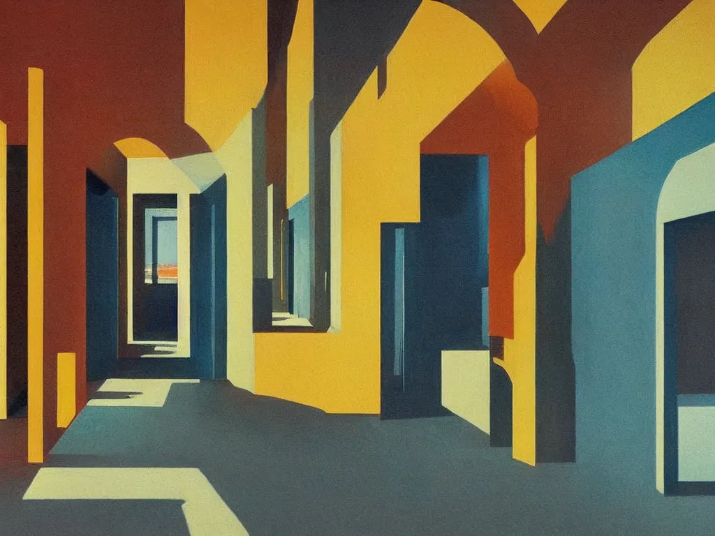 Prompt: colorful minimalist industrial interior hallway with monolithic pillars in the style of ridley scott and stanley kubrick, impossible stijl architecture, science fiction, lone silhouette in the distance, ultra wide angle view, realistic detailed painting by edward hopper