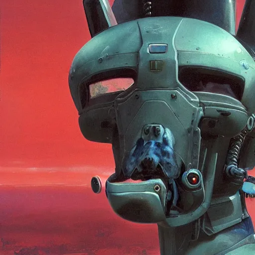 Image similar to A mixed media portrait painting of a dogs made of blood cells, sweat, aesthetic symmetrical face and eyes, photorrealistic, model, wet, starship-troopers, pacific-rim-mech in background, eighties pinup style, by Frank Frazetta, Boris Vallejo, Beeple, Greg Rutkowski, Christian MacNevin, epic fantasy character art, high fantasy, CGsociety, exquisite detail, post-processing, masterpiece, cinematic