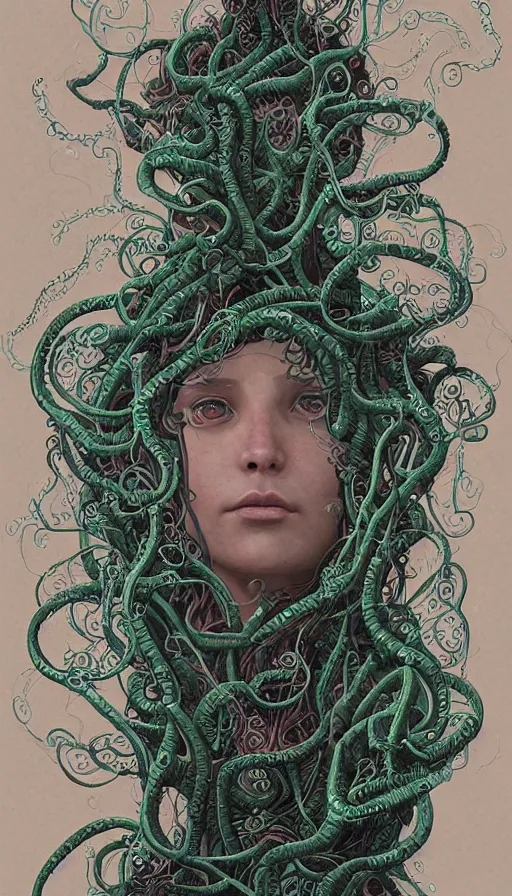 Image similar to very detailed portrait of a 2 0 years old girl surrounded by tentacles, the youg woman visage is blooming from fractal and vines, by ian mcque