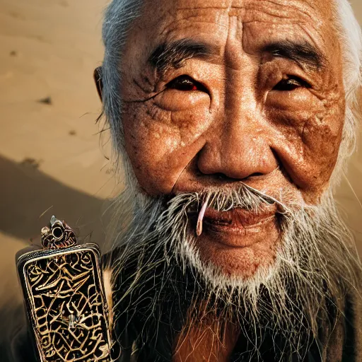 Image similar to floating old asian man with beard, his head covered in jewels, full face occult silver mask, glowing eyes, wearing a large carved wooden stick, smoke around him, in the dry rock desert, cinematic shot, wide angle, desert background, award winning photography, 8k, in the style of David Lynch, Alejandro Jodorowsky and Gaspar Noe