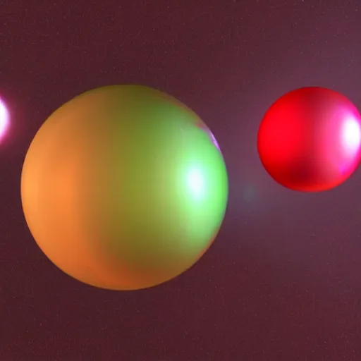 Prompt: chrome spheres on a red cube, volumetric lighting