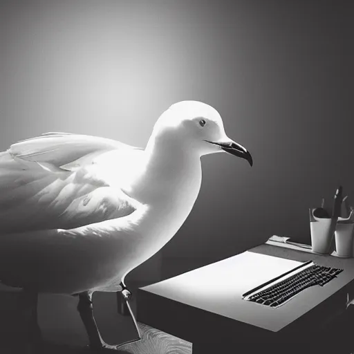 Image similar to an angry seagull typing at a computer in it's bedroom, studio portrait, dramatic background and lighting