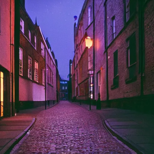 Image similar to photo, london cobblestone street at night, 5 0 mm f / 1. 4, cinestill 8 0 0,