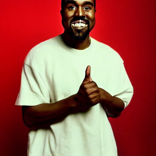 Prompt: Kanye West smiling and giving a thumbs up for a 1990s sitcom tv show, Studio Photograph, portrait C 12.0