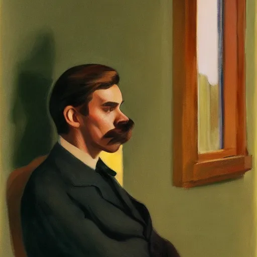 Image similar to a brown haired man with a short mustache staring deeply at camera, detailed, edward hopper, trending on artstation,