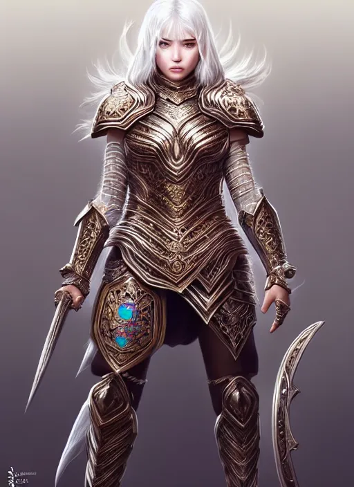 Image similar to warrior, intricate ornate opal heavy armor!!! beautiful and athletic white hair female!! gorgeous face and eyes!! character concept art, sharp focus, octane render! unreal engine 5! highly rendered!! trending on artstation!! detailed linework!! illustration by artgerm, wlop, and chie yoshii