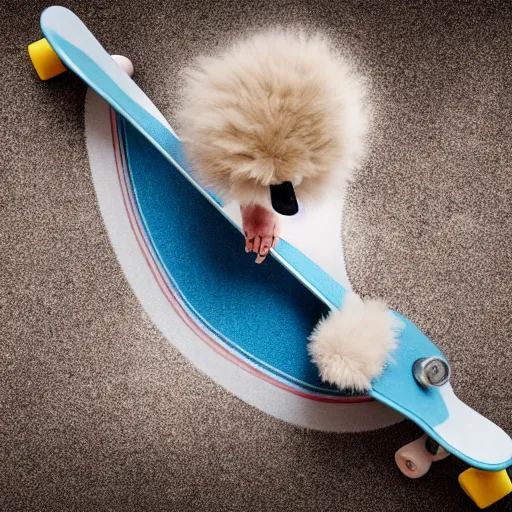 Image similar to fluffy chick looking at the camera, on a skateboard with the nose up, on floor with tiles, photorealistic